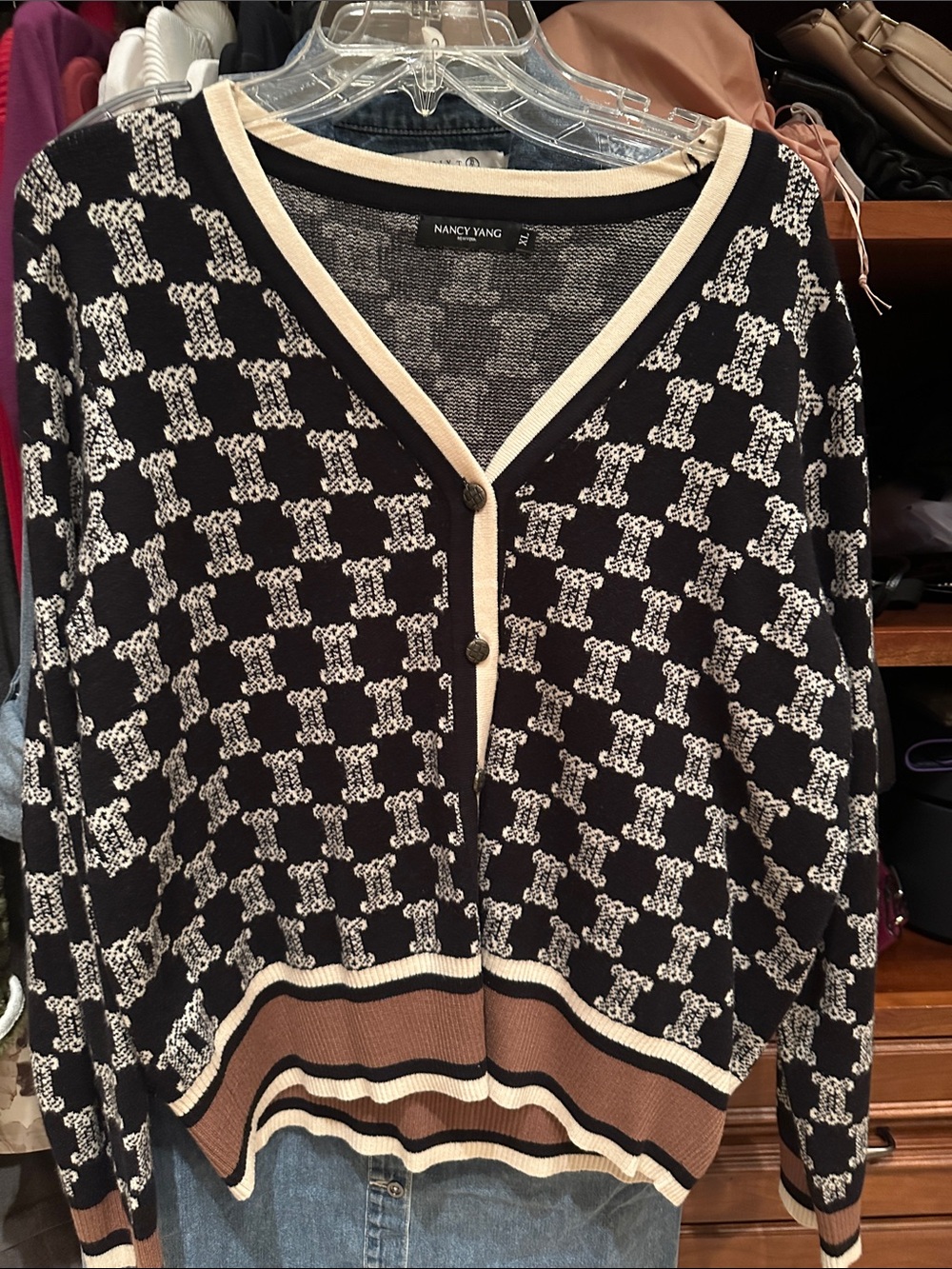 Nancy Wang Black & Cream Patterned V‑Neck Cardigan with Brown Trim